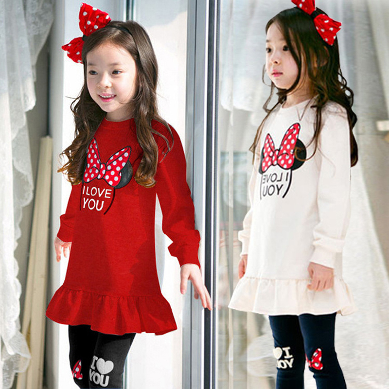 Toddler Legging Set - 子供服セット春秋の漫画のボウノット長袖コットンシャツ + レギンス 2 個スーツ 3-8