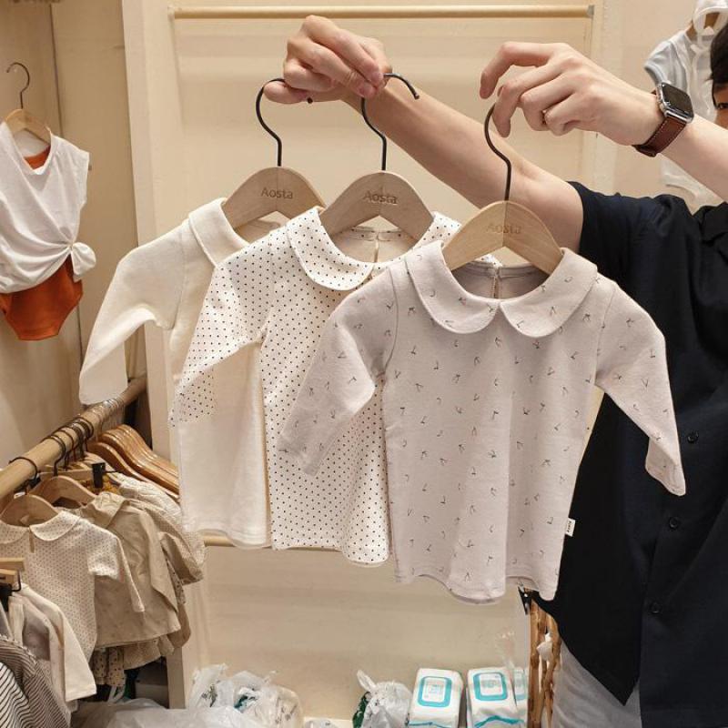 Baby Clothing Girls - 2025年秋新作 ベビーラペル長袖Tシャツ コットン製 幼児女の子用 キュートなピーターパンカラーインナーシャツ 幼児服