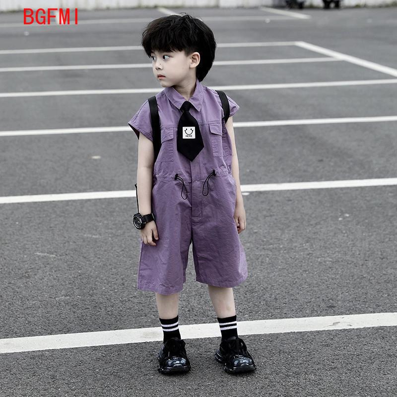Baby Clothing In Summer - キッズサマーショーツオーバーオールカプリボーイズパープルパンツとネクタイ服男の子ベビージャンプスーツ1-10Y半袖子供服