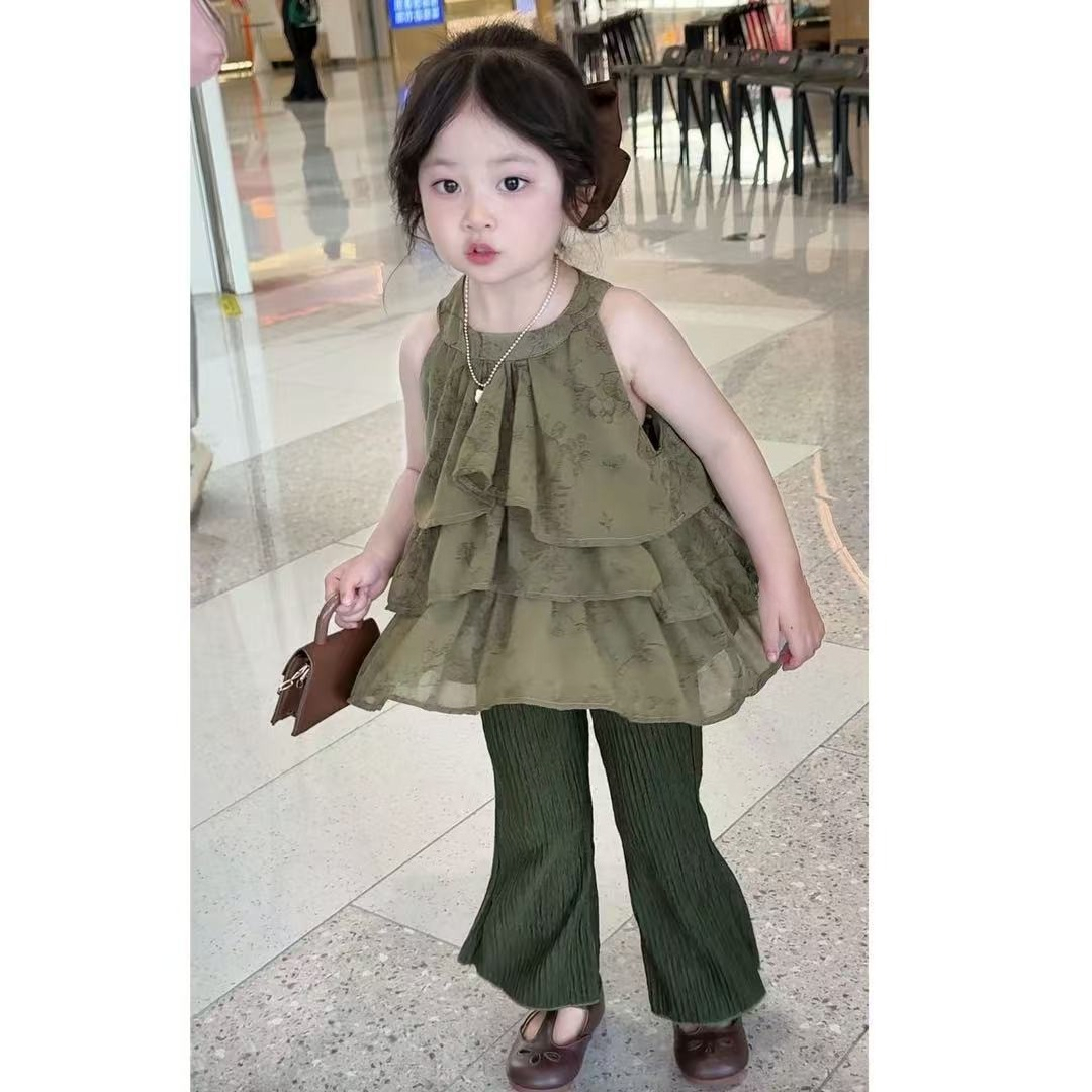 Baby Clothing Unique - 夏の女の子服セットユニークな美しいスタイル子供のベビーハンギングネックトップ + カジュアルフレアパンツツーピース子供服