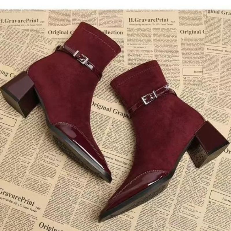 Soft Sole Booties - ベルトバックルブーティ ファッション スクエアトゥ パネルスエード サイドジッパー ソフトソール