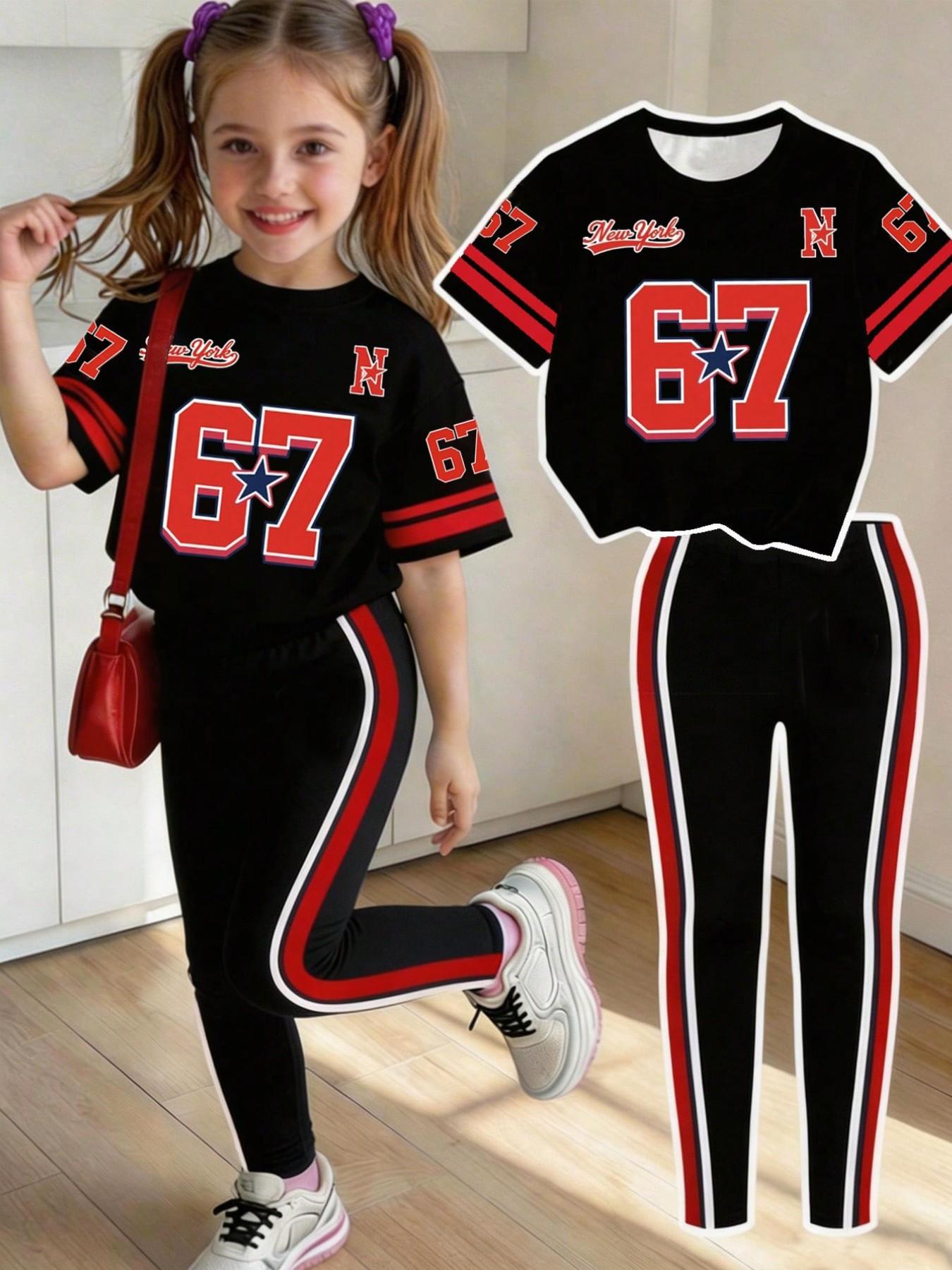 Toddler Legging Set - 女の子の夏と秋のカジュアルウェア、67文字のパターンプリントが施された子供用レッドスポーツスタイルセット、レギュラー半袖トップス+ロングレギンスの2ピースセット、4～12歳の女の子に適しています。