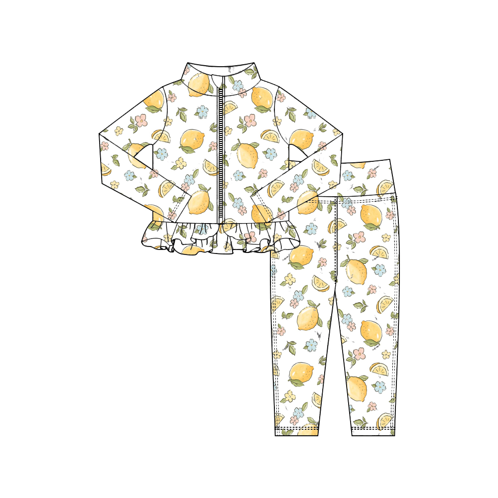 Toddler Legging Set - 売れ筋女の子用衣装 長袖長ズボン フリルジッパーとフルーツプリント付き カスタム卸売